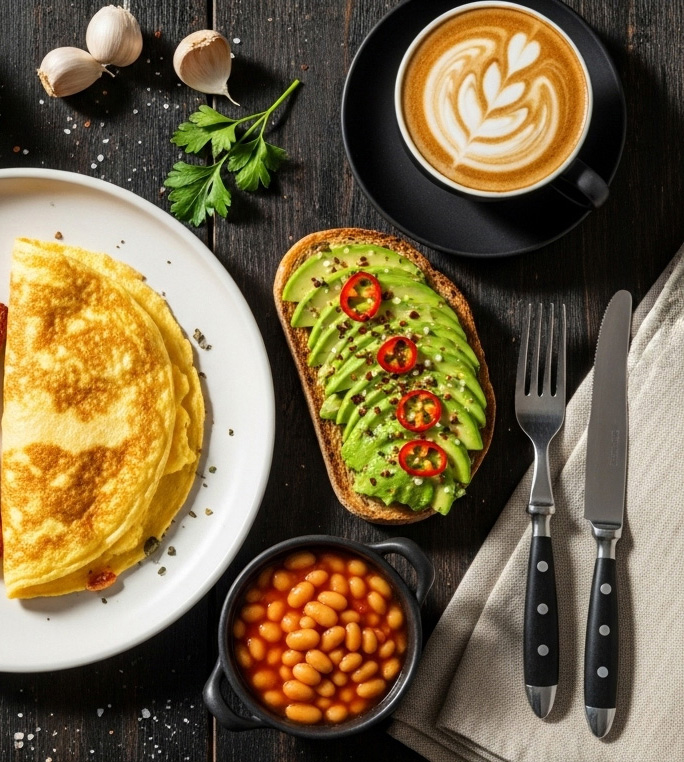 A delicious spread of Shesa-nyama's breakfast items including omelettes and coffee.